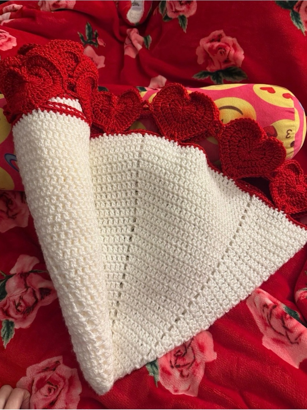 Handmade White Crochet Blanket with Red Heart Trim Roses
